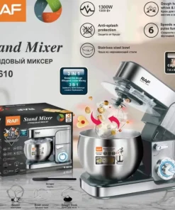 RAF Stand Mixer: Your kitchen champion for effortless mixing, whipping, and kneading. Power through Cameroonian recipes with ease! Stainless steel, versatile, compact - take your baking to the next level.