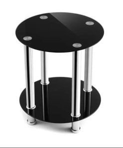 T62: 2-Tier Round Table with Locking Wheels (Black Glass & Chrome)