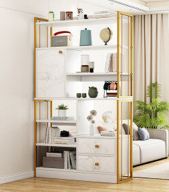 Multi-layer Floor Storage Shelving Unit with Cabinets in White and Gold