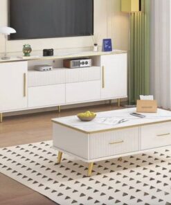 Chalk-coloured engineered wood TV stand with 3 doors,