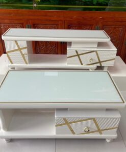 White Coffee Table and TV Stand Set with Gold Accents.