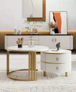 Stacking Nesting Coffee Tables Set of 2 Round Side Tables with Storage Drawers