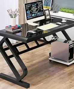 Modern 47-Inch Tempered Glass Computer Desk with Metal Legs – Black Home Office & Gaming Desk