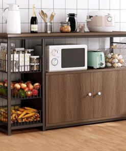 Kitchen Storage Shelf with Cabinet Doors (80x30x80cm) – Black Metal & Wood