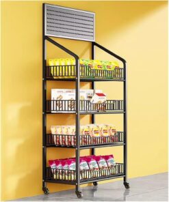 Floor-Standing Display Rack in Cameroon – 4/5 Tier Metal Supermarket Shelf on Wheels