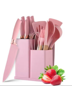 Silicone Kitchen Utensils - 12 Pieces - Wooden Handles - Pink