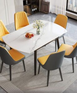 Modern White Slate Rounded Dining Table Set with 4-Leg Base, Retractable Leaf, and Tuneable Features, White, 59.1"L x 35.4"W x 29.5"H, 1 Piece, Table