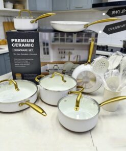 16-Piece Ceramic Non-Stick Cookware Set – White & Gold Premium Kitchen Set