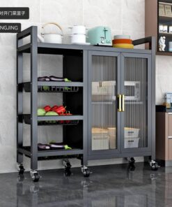 multifunctional kitchen storage rack featuring wire baskets and a closed cabinet with glass doors