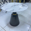 White Marble Printed Round Dining Table, Black Columnar Base with Gold Annulus