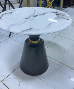 White Marble Printed Round Dining Table, Black Columnar Base with Gold Annulus